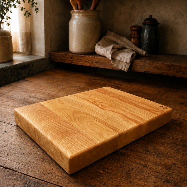A rectangular cherry wood butcher block wooden cutting board with a natural honey colored finish, placed on a rustic dark wood kitchen counter with shelves and ceramic jars in the background.