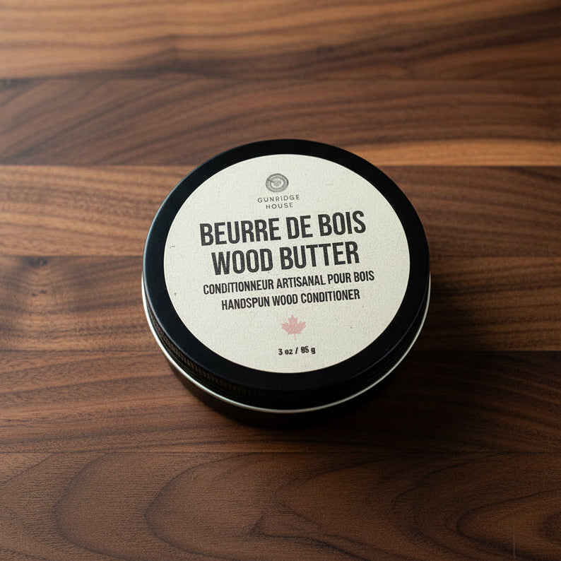 Container of 'Beurre de Bois Wood Butter' on walnut counter